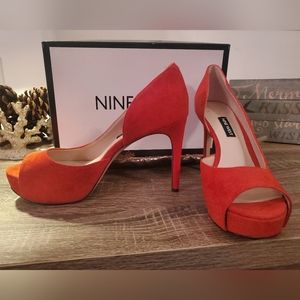 Red suede high heel pumps open toe heels 👠 Never Worn Size 8 original box.